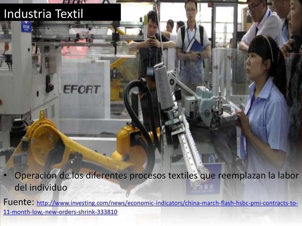 Industria Textil Operación de los diferentes procesos textiles que reemplazan la labor del individuo.