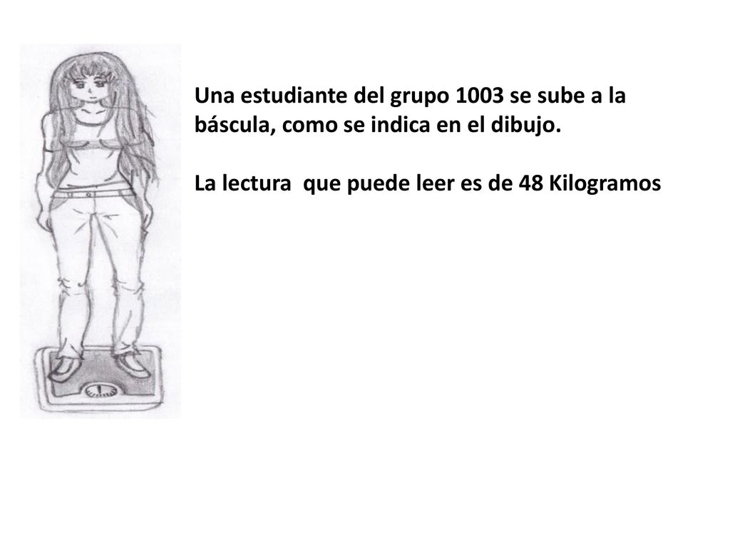 Una estudiante del grupo 1003 se sube a la báscula, como se indica en el dibujo.