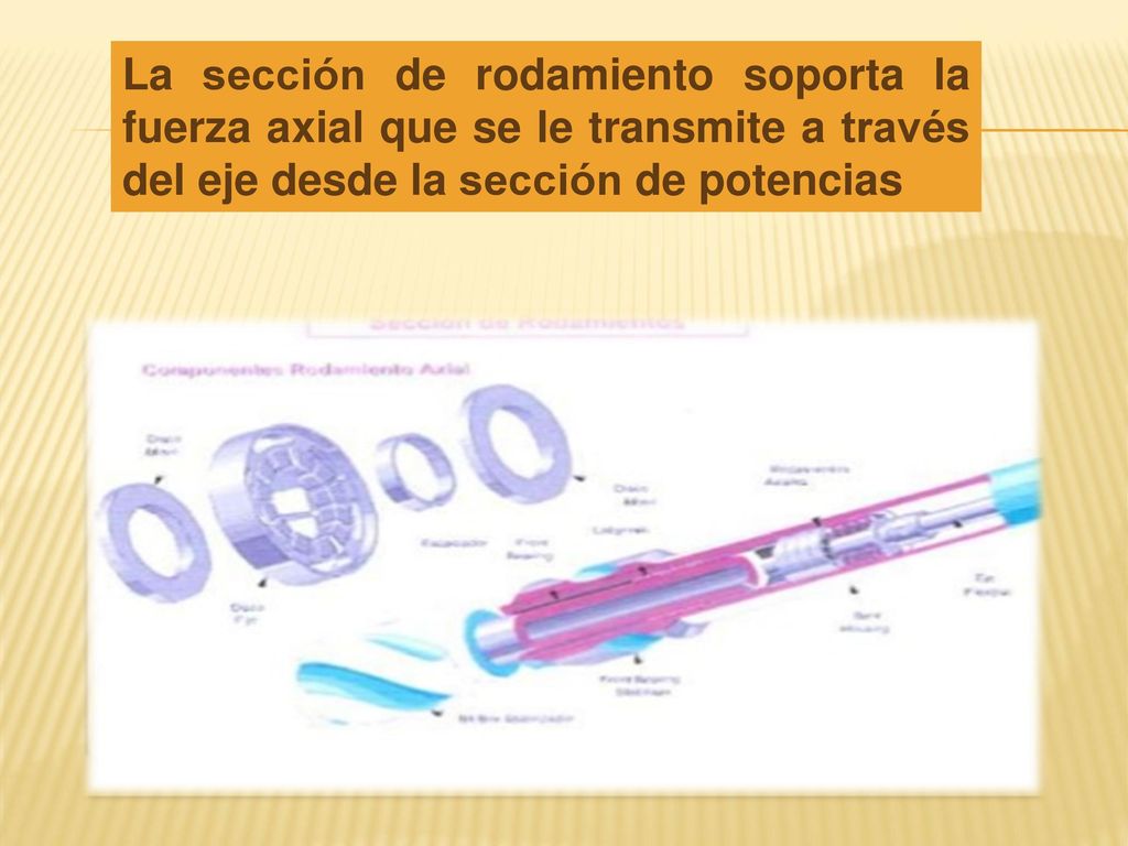 La sección de rodamiento soporta la fuerza axial que se le transmite a través del eje desde la sección de potencias