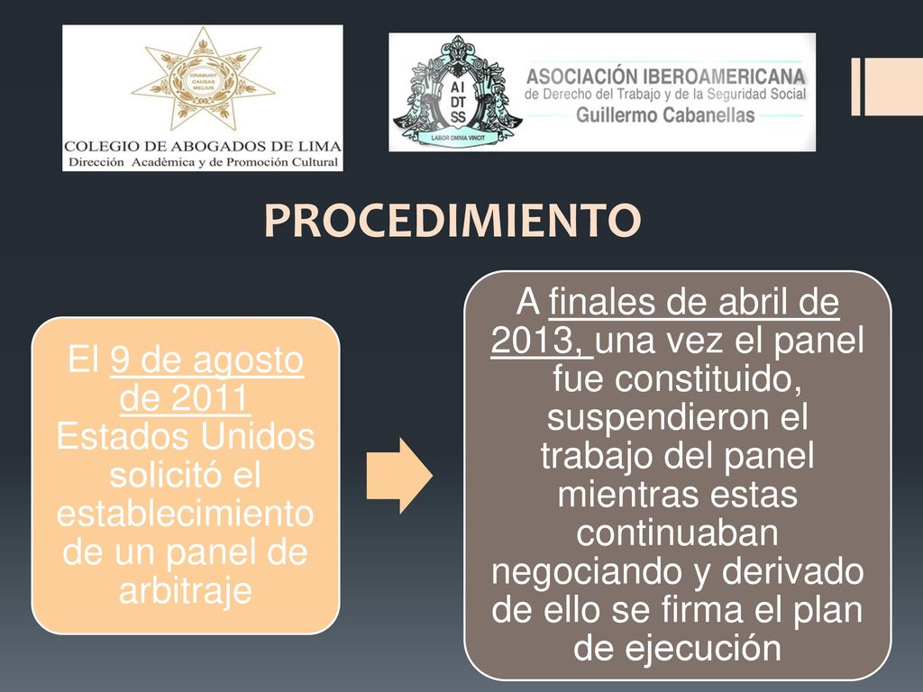 PROCEDIMIENTO El 9 de agosto de 2011 Estados Unidos solicitó el establecimiento de un panel de arbitraje.