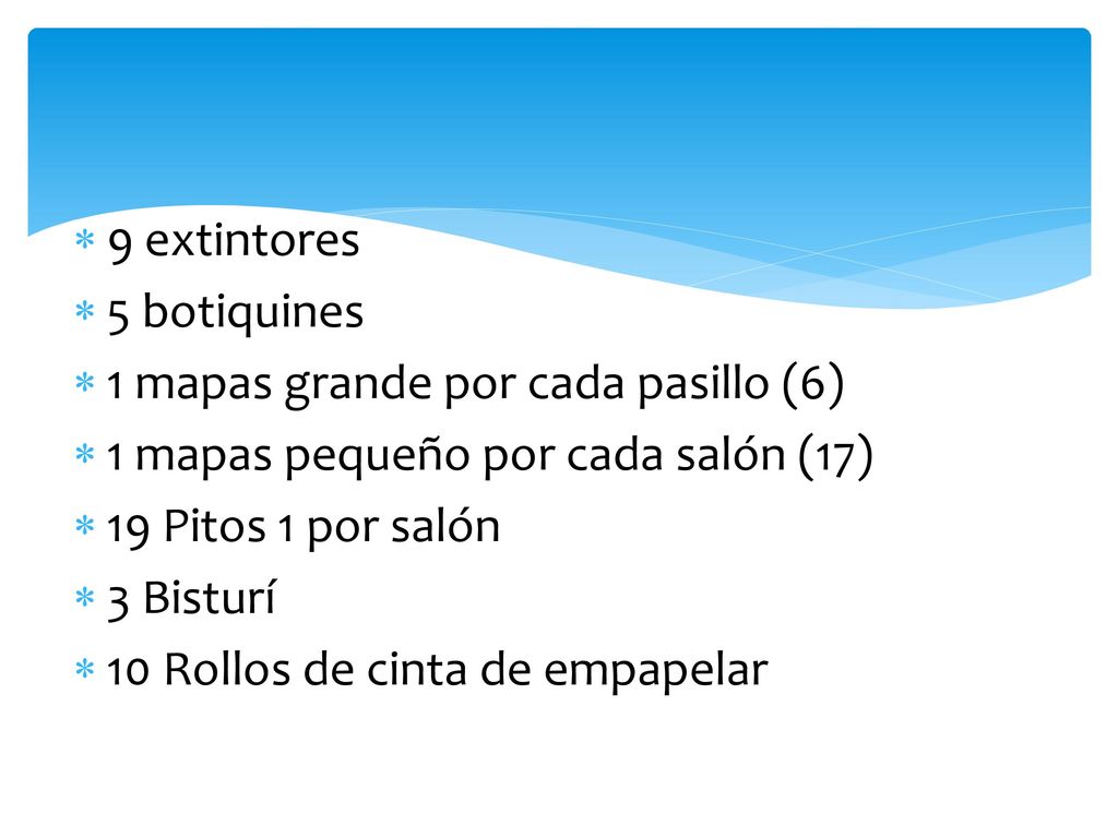 9 extintores 5 botiquines. 1 mapas grande por cada pasillo (6) 1 mapas pequeño por cada salón (17)