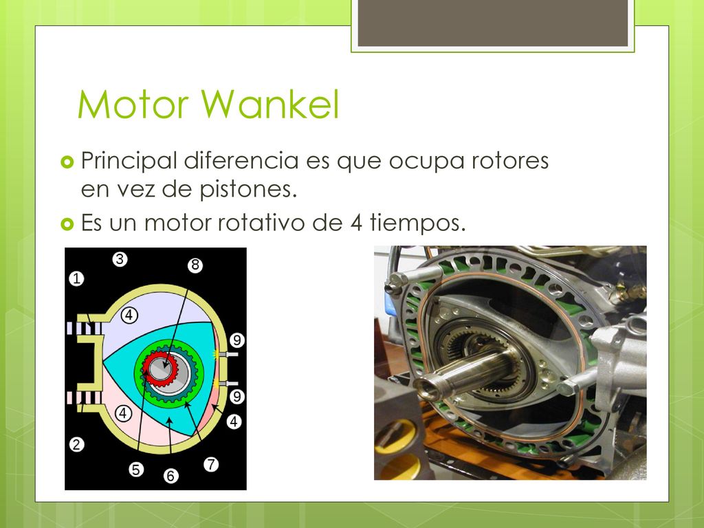 Motor Wankel Principal diferencia es que ocupa rotores en vez de pistones.