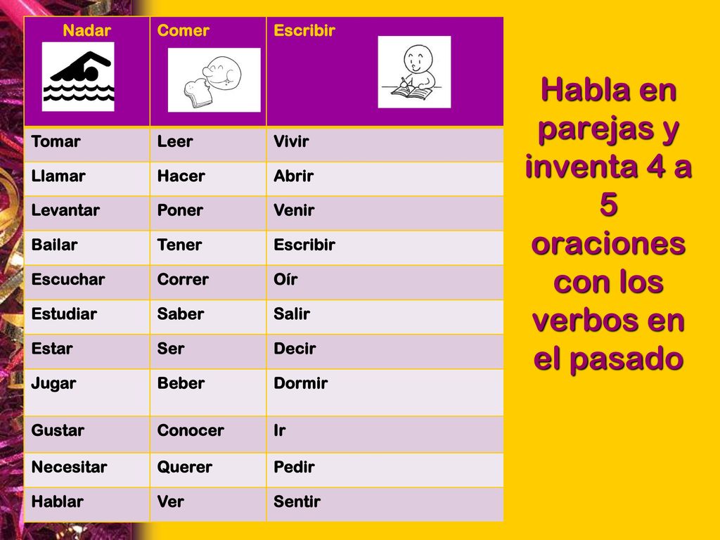 Habla en parejas y inventa 4 a 5 oraciones con los verbos en el pasado