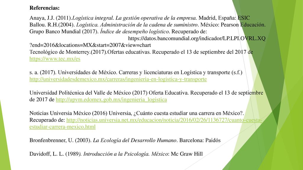 Referencias: Anaya, J.J. (2011).Logística integral. La gestión operativa de la empresa. Madrid, España: ESIC.