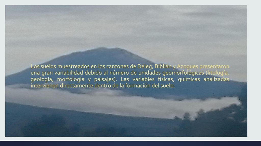 Los suelos muestreados en los cantones de Déleg, Biblián y Azogues presentaron una gran variabilidad debido al número de unidades geomorfológicas (litología, geología, morfología y paisajes).