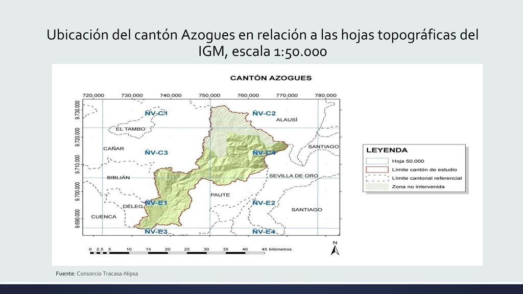 Ubicación del cantón Azogues en relación a las hojas topográficas del IGM, escala 1:50.000