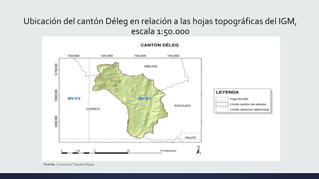 Ubicación del cantón Déleg en relación a las hojas topográficas del IGM, escala 1:50.000