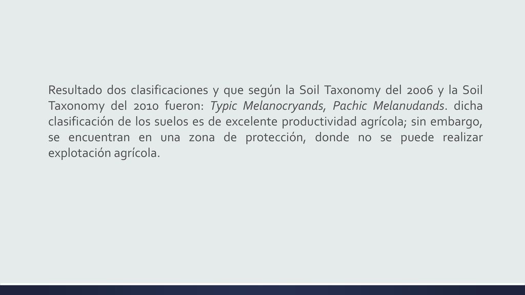 Resultado dos clasificaciones y que según la Soil Taxonomy del 2006 y la Soil Taxonomy del 2010 fueron: Typic Melanocryands, Pachic Melanudands.