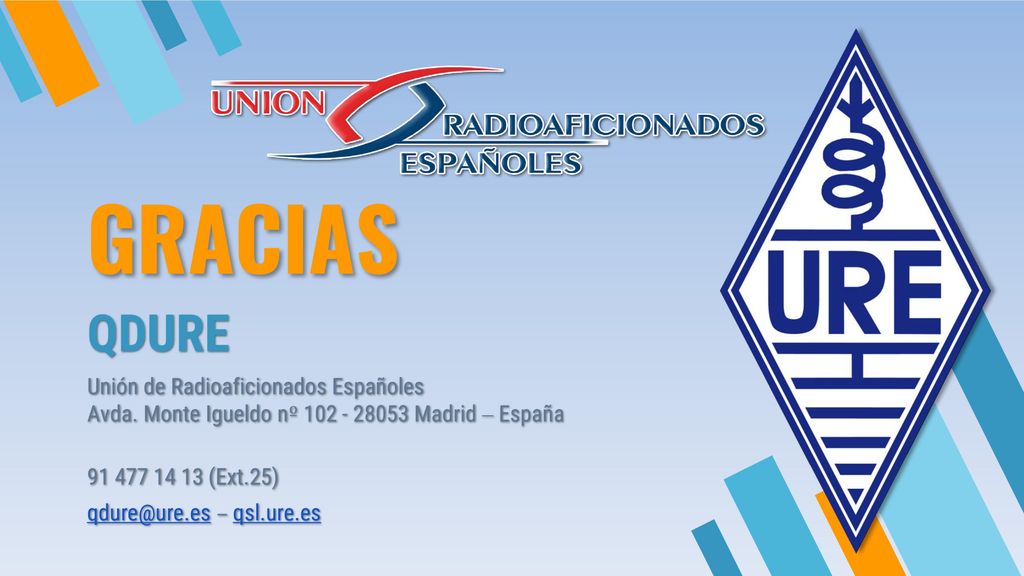 GRACIAS QDURE. Unión de Radioaficionados Españoles Avda. Monte Igueldo nº Madrid – España.