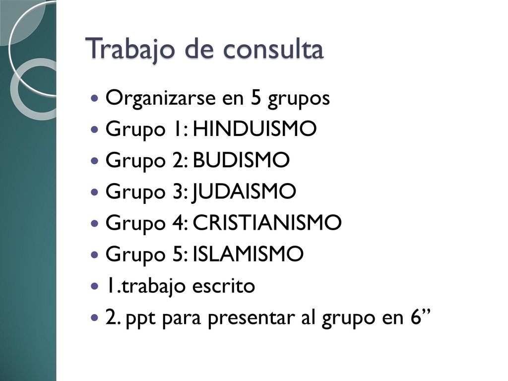 Trabajo de consulta Organizarse en 5 grupos Grupo 1: HINDUISMO