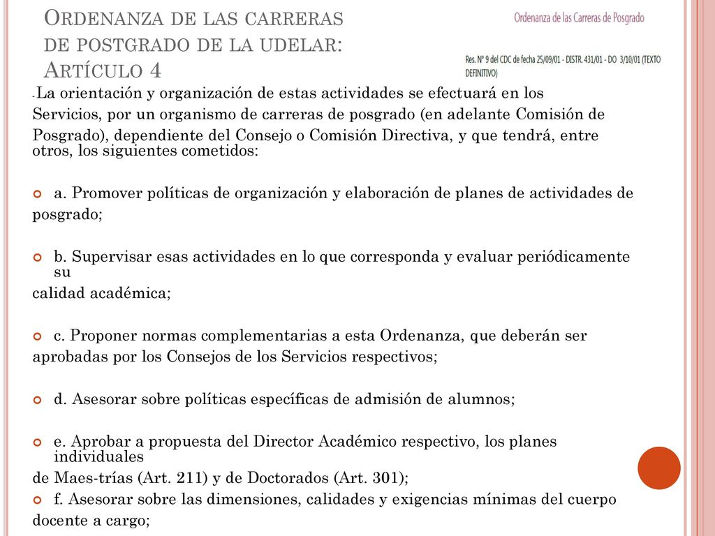 Ordenanza de las carreras de postgrado de la udelar: Artículo 4
