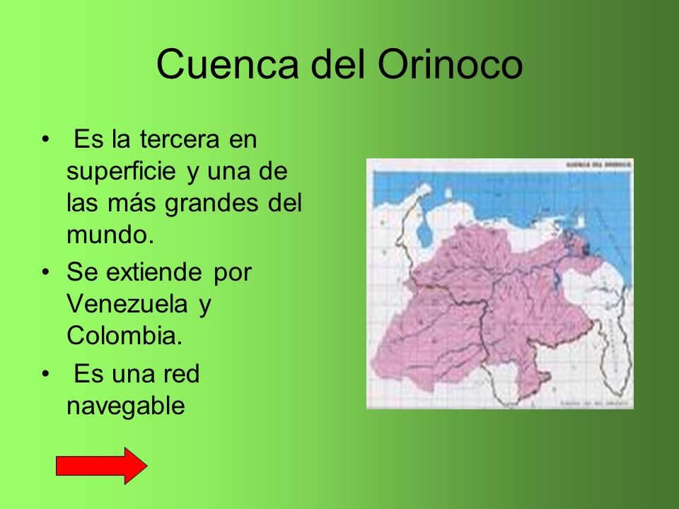 Cuenca del Orinoco Es la tercera en superficie y una de las más grandes del mundo. Se extiende por Venezuela y Colombia.