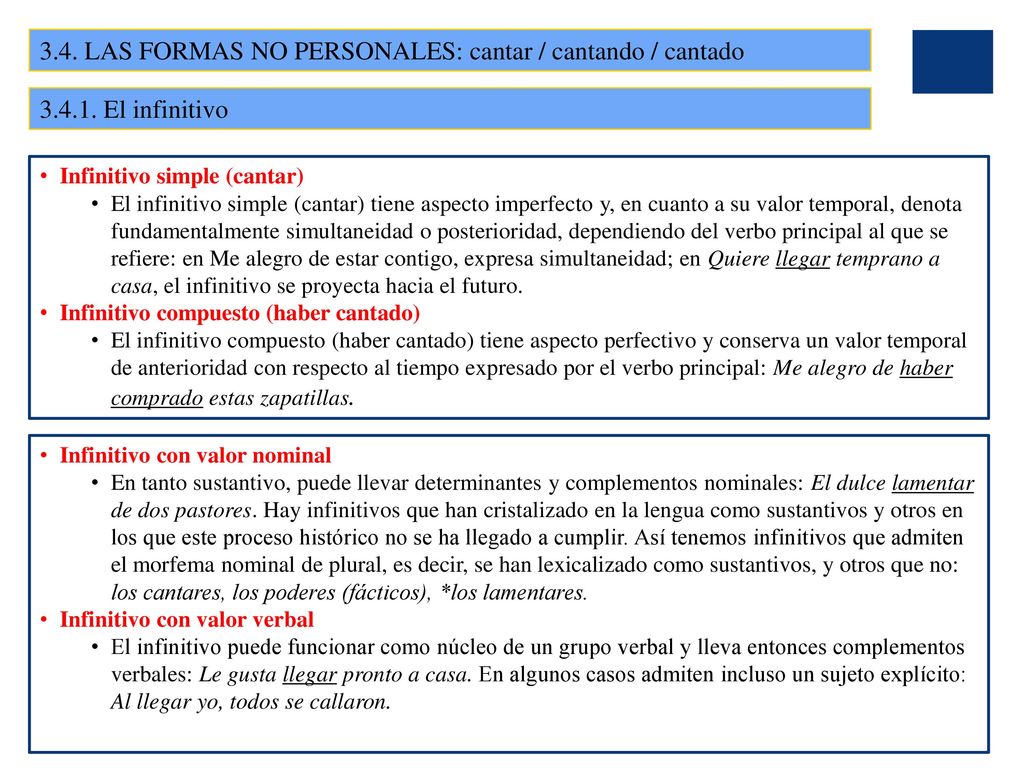 3.4. LAS FORMAS NO PERSONALES: cantar / cantando / cantado