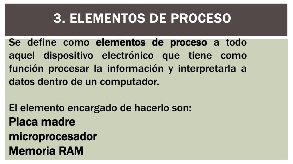 3. Elementos de Proceso Placa madre microprocesador Memoria RAM