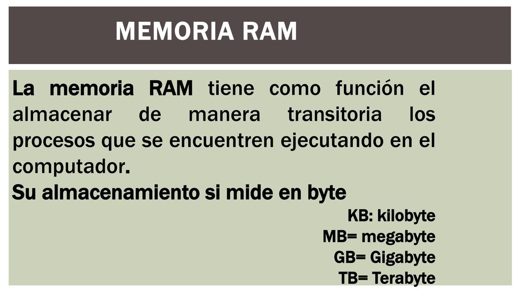 Memoria RAM La memoria RAM tiene como función el almacenar de manera transitoria los procesos que se encuentren ejecutando en el computador.