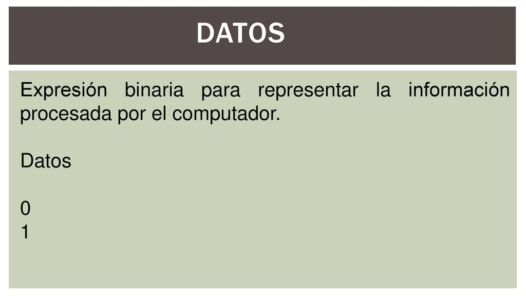 Datos Expresión binaria para representar la información procesada por el computador. Datos 1