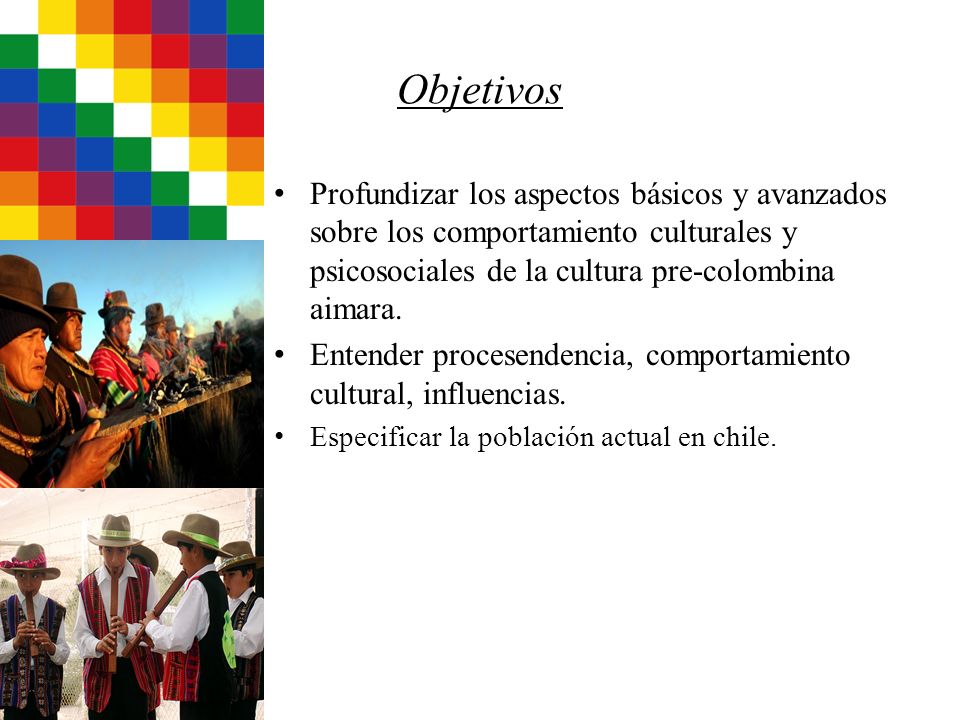Objetivos Profundizar los aspectos básicos y avanzados sobre los comportamiento culturales y psicosociales de la cultura pre-colombina aimara.
