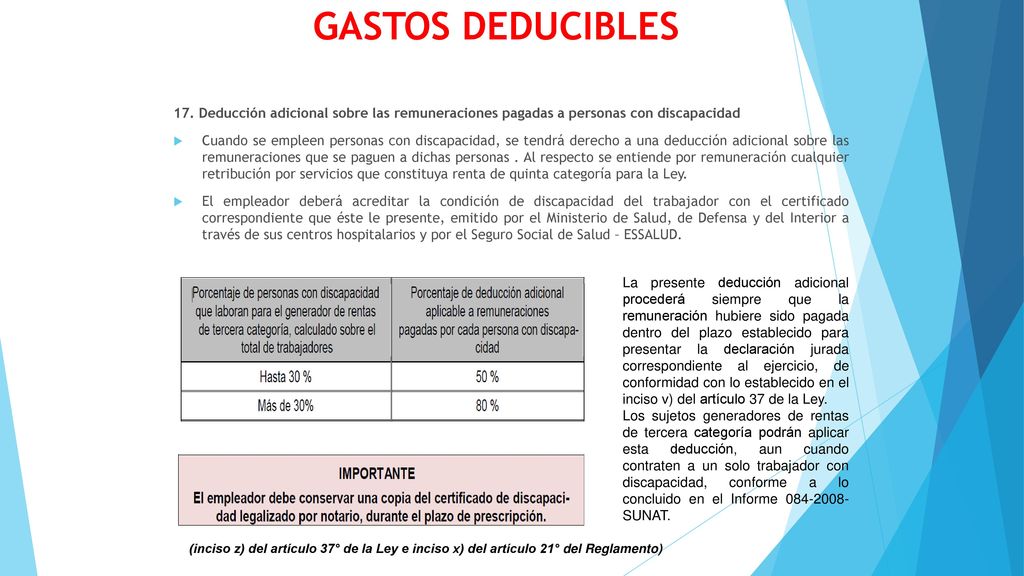 GASTOS DEDUCIBLES 17. Deducción adicional sobre las remuneraciones pagadas a personas con discapacidad.