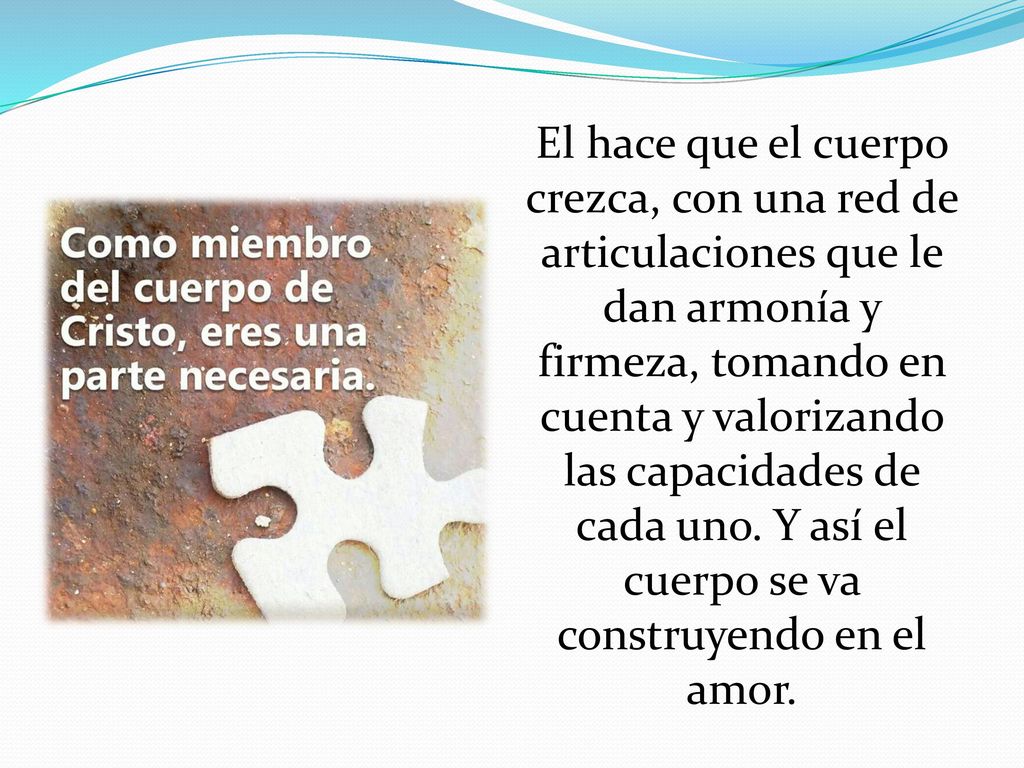 El hace que el cuerpo crezca, con una red de articulaciones que le dan armonía y firmeza, tomando en cuenta y valorizando las capacidades de cada uno.