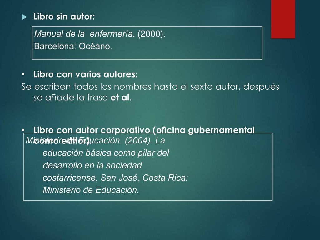 Libro sin autor: Manual de la enfermería. (2000). Barcelona: Océano. Libro con varios autores: