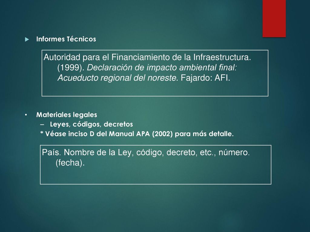 País. Nombre de la Ley, código, decreto, etc., número. (fecha).