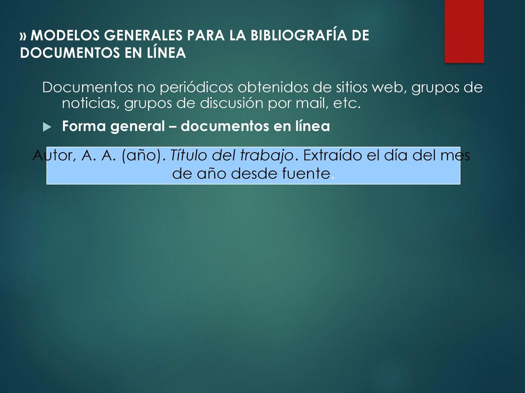 Autor, A. A. (año). Título del trabajo. Extraído el día del mes