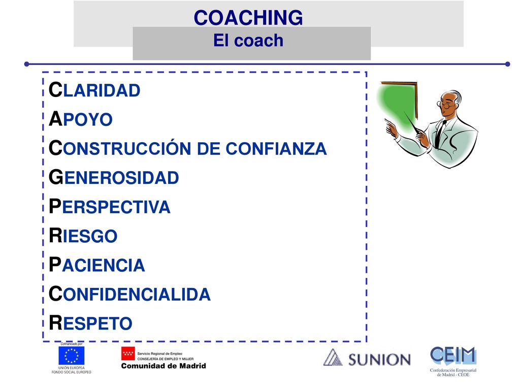 COACHING El coach CLARIDAD. APOYO. CONSTRUCCIÓN DE CONFIANZA. GENEROSIDAD. PERSPECTIVA. RIESGO.