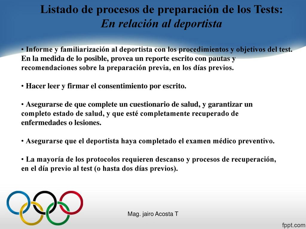 Listado de procesos de preparación de los Tests: