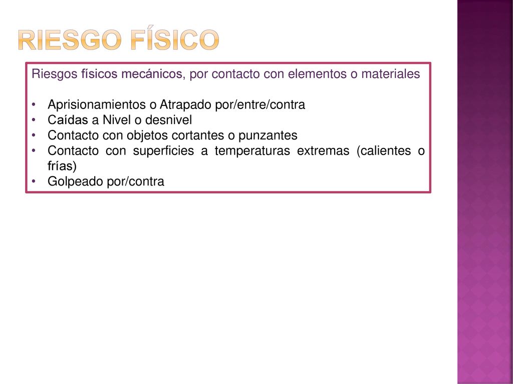 Riesgo físico Riesgos físicos mecánicos, por contacto con elementos o materiales. Aprisionamientos o Atrapado por/entre/contra.