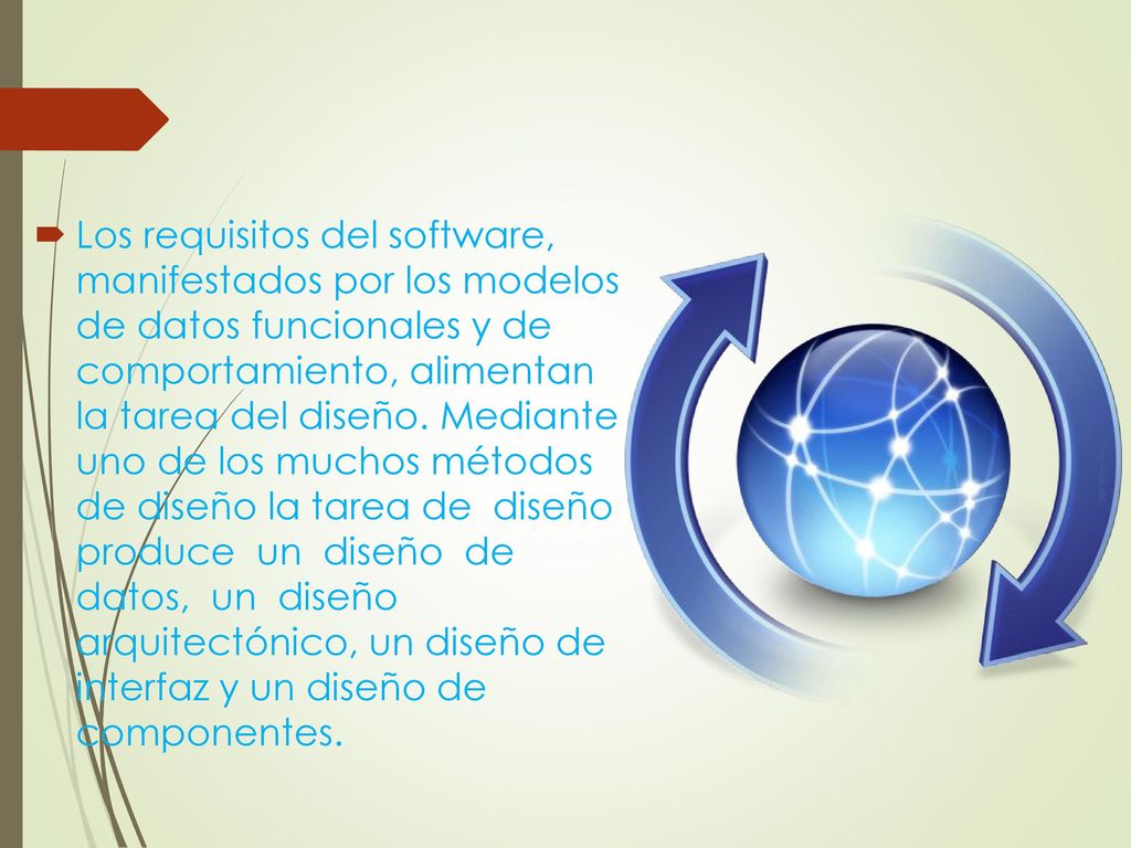 Los requisitos del software, manifestados por los modelos de datos funcionales y de comportamiento, alimentan la tarea del diseño.