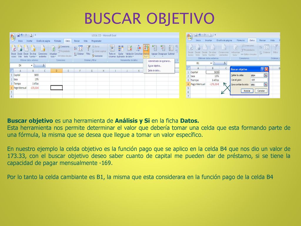 BUSCAR OBJETIVO Buscar objetivo es una herramienta de Análisis y Si en la ficha Datos.