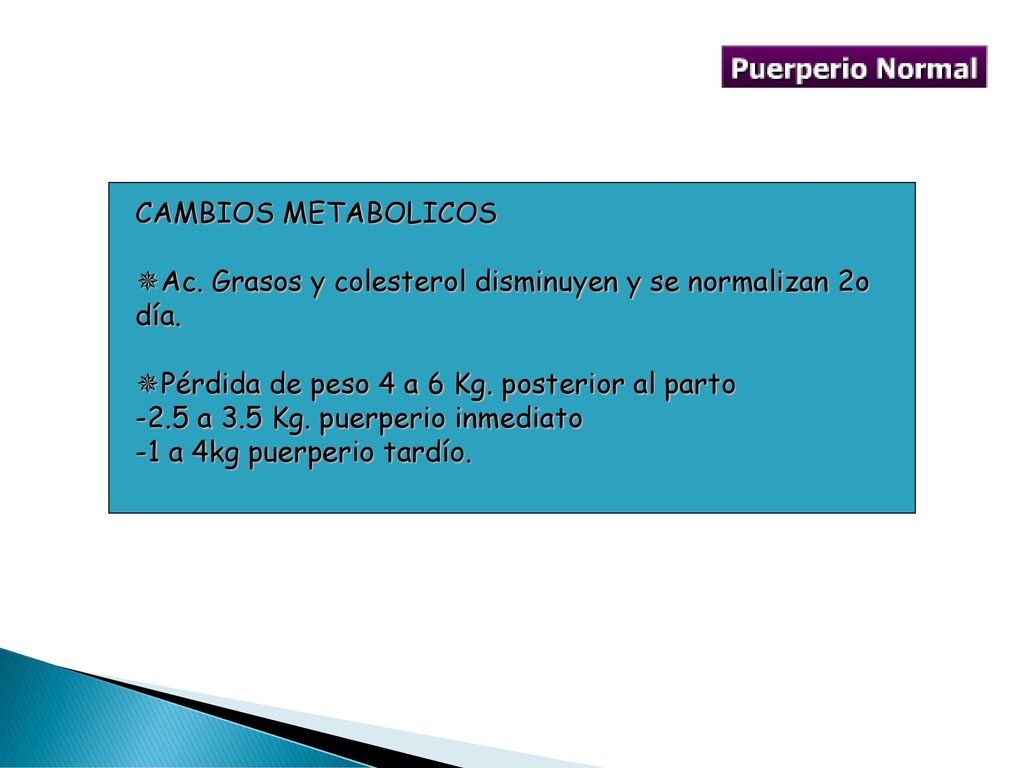 CAMBIOS METABOLICOS Ac. Grasos y colesterol disminuyen y se normalizan 2o día. Pérdida de peso 4 a 6 Kg. posterior al parto.