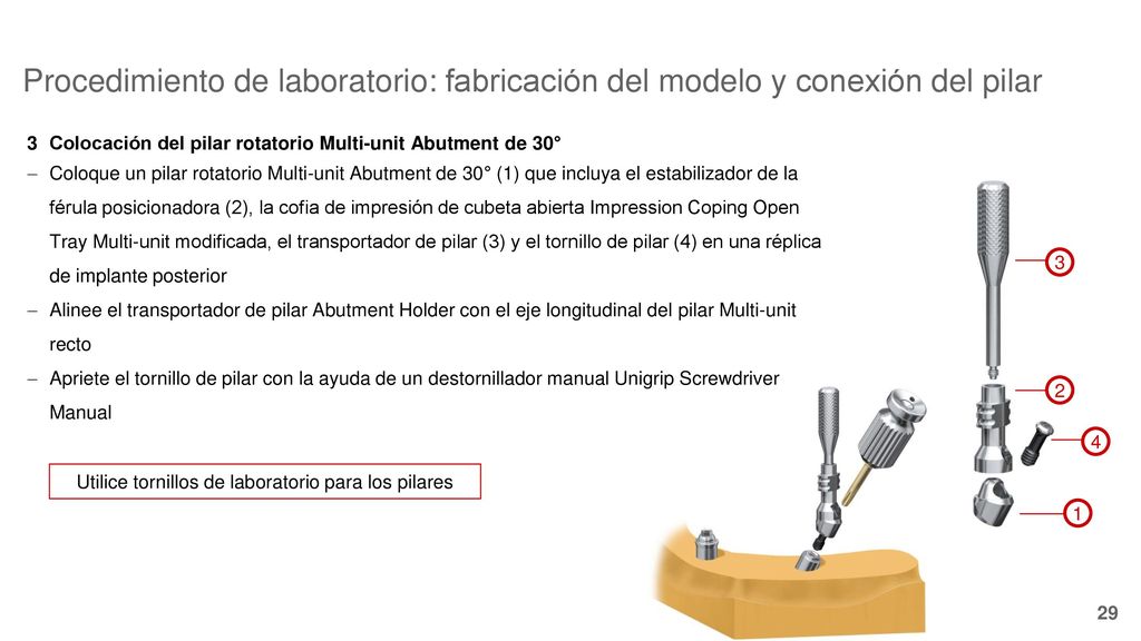 Utilice tornillos de laboratorio para los pilares