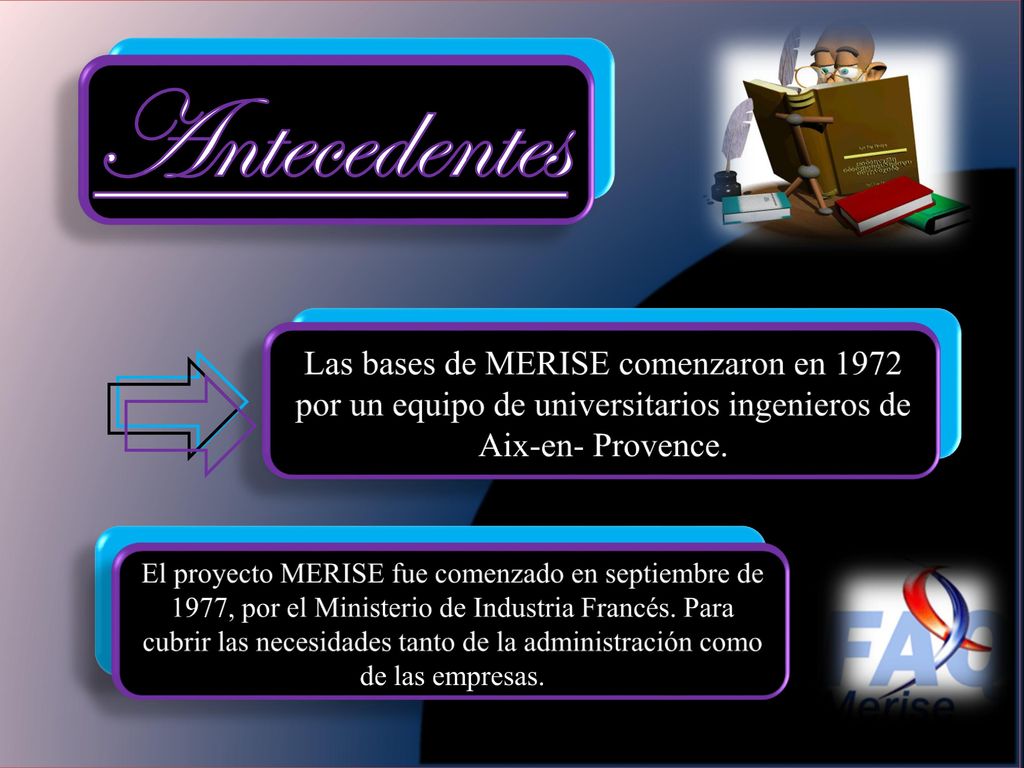 Antecedentes Las bases de MERISE comenzaron en 1972 por un equipo de universitarios ingenieros de Aix-en- Provence.