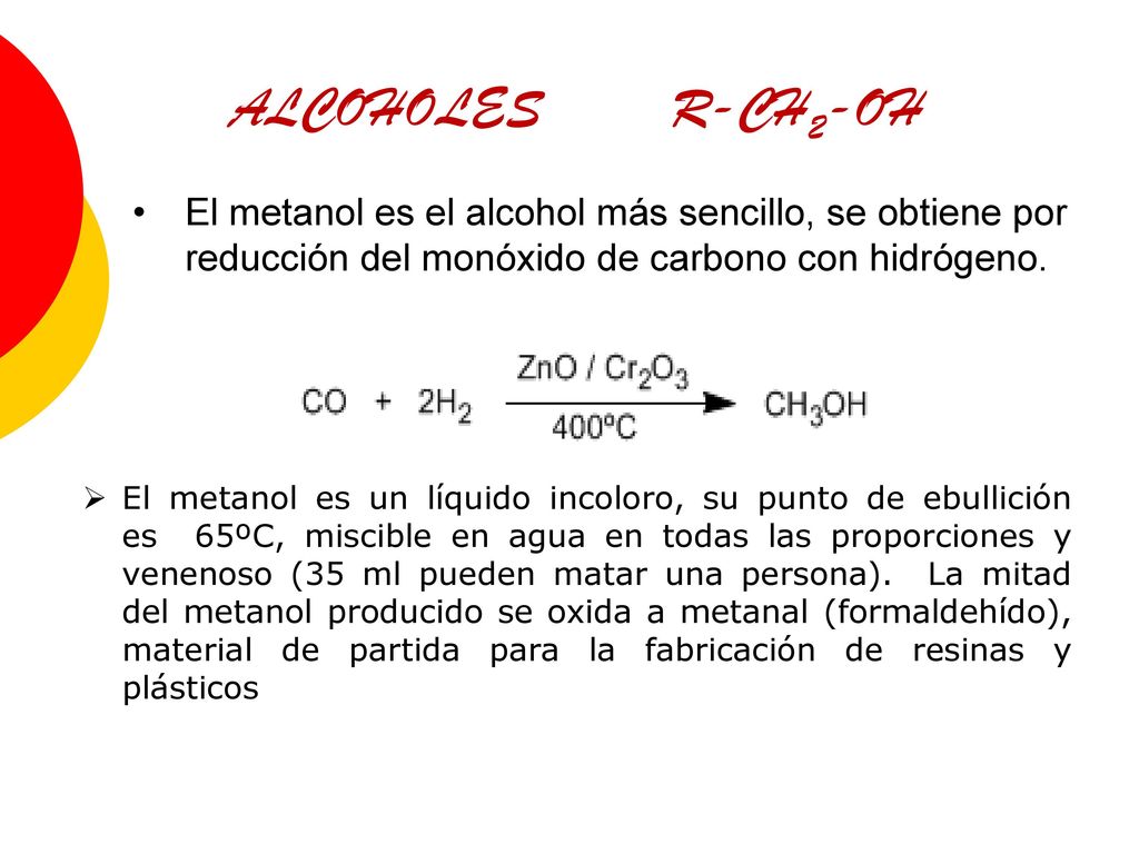 ALCOHOLES R-CH2-OH El metanol es el alcohol más sencillo, se obtiene por reducción del monóxido de carbono con hidrógeno.