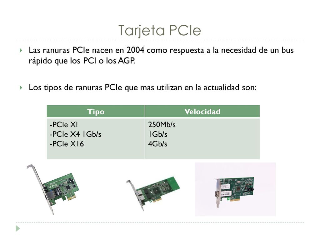 Tarjeta PCIe Las ranuras PCIe nacen en 2004 como respuesta a la necesidad de un bus rápido que los PCI o los AGP.