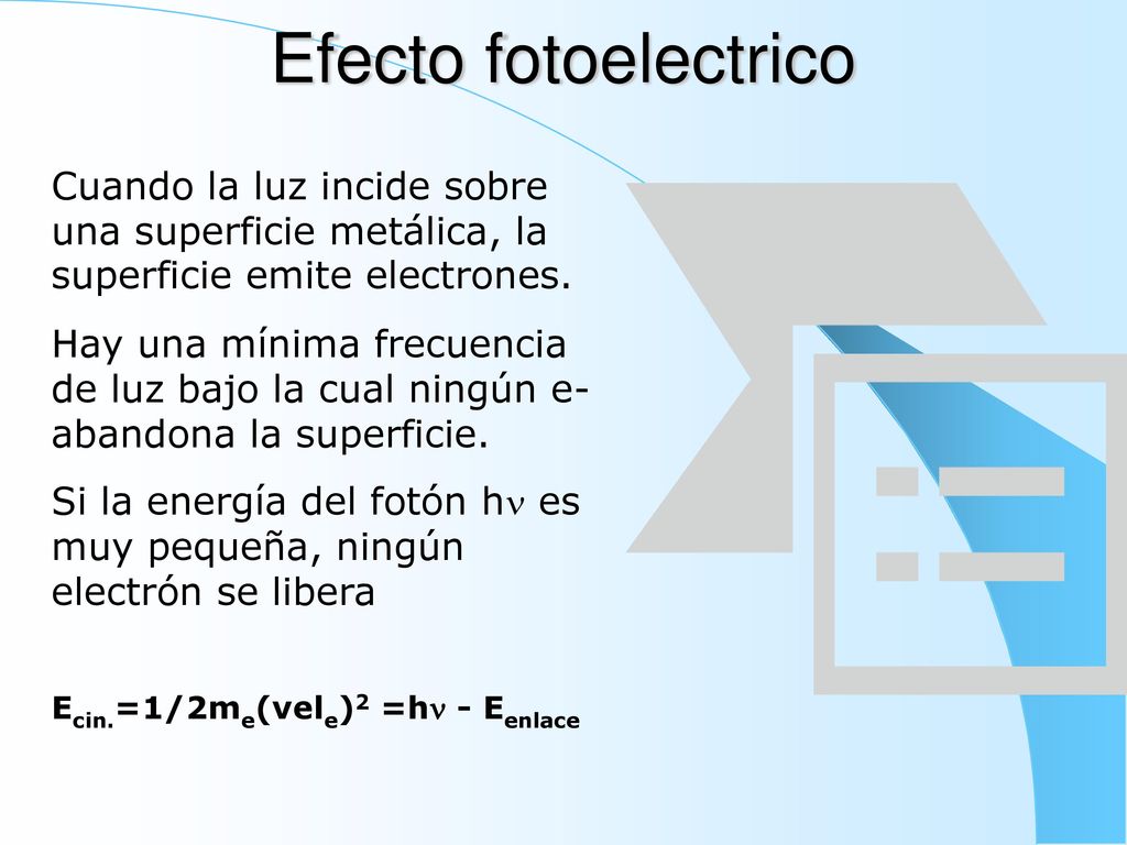 Efecto fotoelectrico Cuando la luz incide sobre una superficie metálica, la superficie emite electrones.