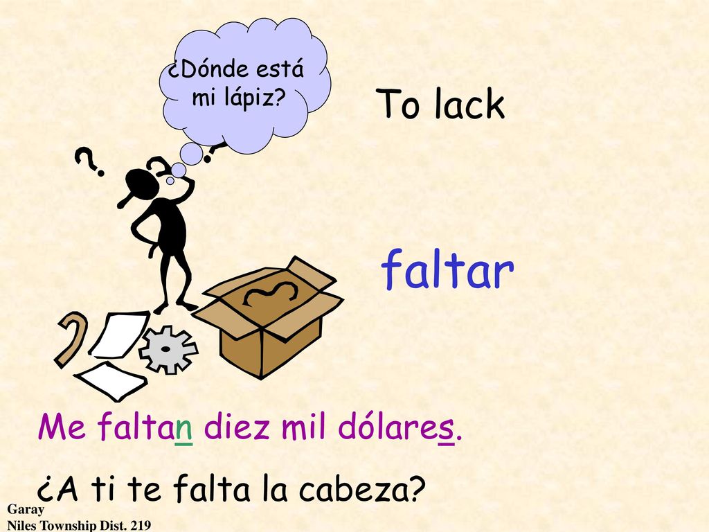 faltar To lack Me faltan diez mil dólares. ¿A ti te falta la cabeza