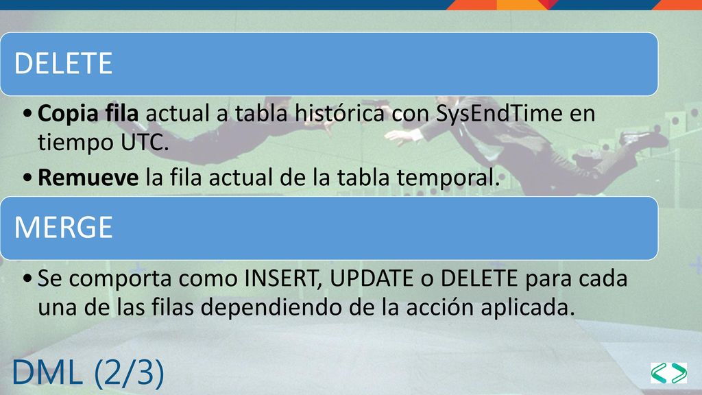 DELETE Copia fila actual a tabla histórica con SysEndTime en tiempo UTC. Remueve la fila actual de la tabla temporal.