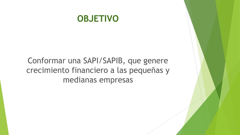 OBJETIVO Conformar una SAPI/SAPIB, que genere crecimiento financiero a las pequeñas y medianas empresas.