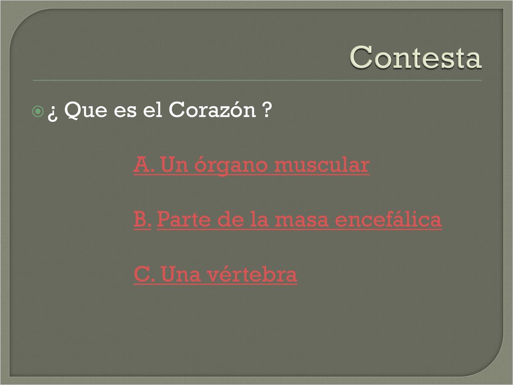 Contesta ¿ Que es el Corazón A. Un órgano muscular