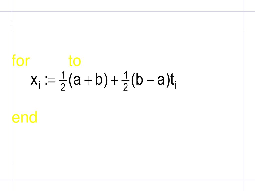 Algoritmo Suma := 0. for i = 1 to m. Suma := Suma + Aif(xi) end. Integral := Suma(b-a)/2. El resultado es Integral.