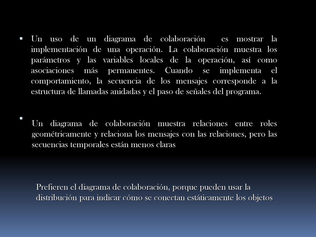 Un uso de un diagrama de colaboración es mostrar la implementación de una operación. La colaboración muestra los parámetros y las variables locales de la operación, así como asociaciones más permanentes. Cuando se implementa el comportamiento, la secuencia de los mensajes corresponde a la estructura de llamadas anidadas y el paso de señales del programa.