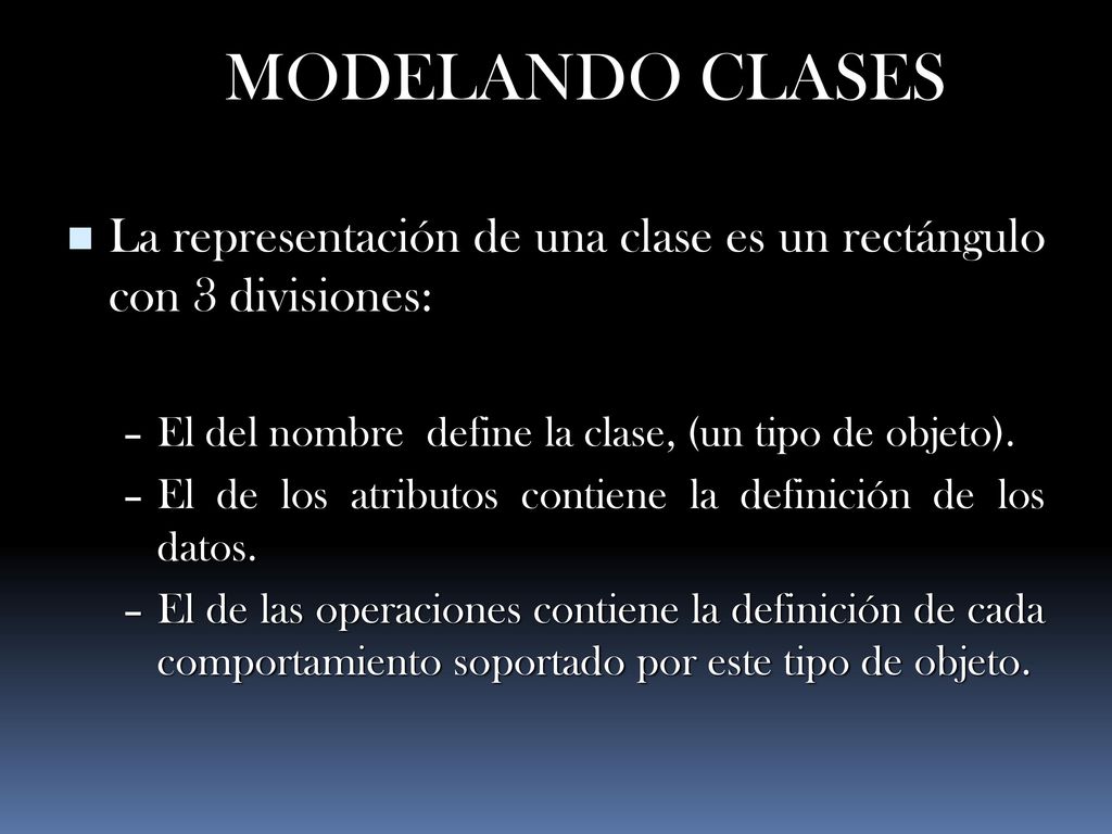 MODELANDO CLASES La representación de una clase es un rectángulo con 3 divisiones: El del nombre define la clase, (un tipo de objeto).