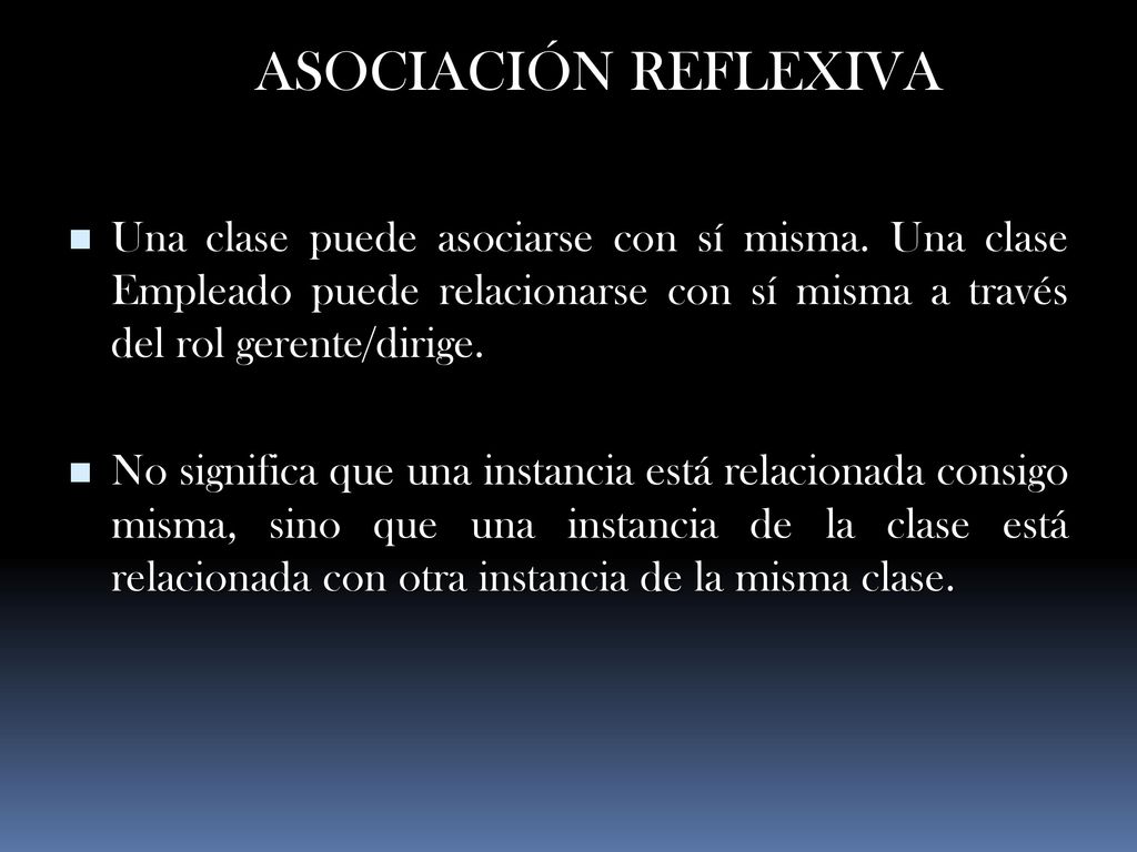 ASOCIACIÓN REFLEXIVA Una clase puede asociarse con sí misma. Una clase Empleado puede relacionarse con sí misma a través del rol gerente/dirige.