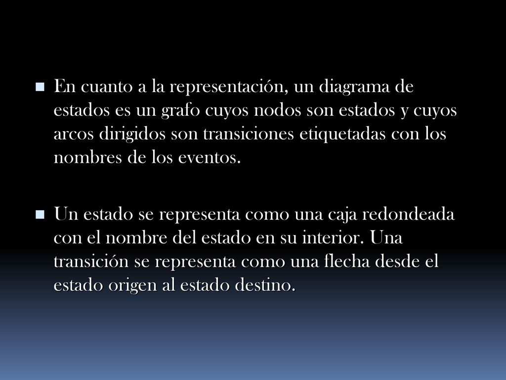 En cuanto a la representación, un diagrama de estados es un grafo cuyos nodos son estados y cuyos arcos dirigidos son transiciones etiquetadas con los nombres de los eventos.