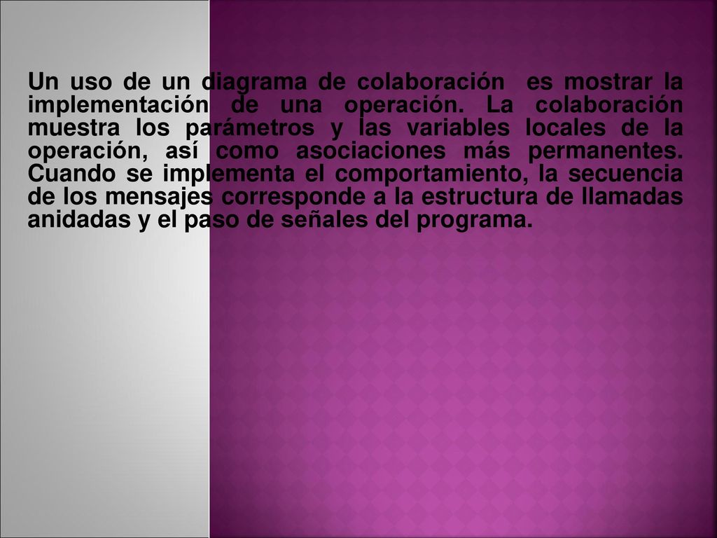 Un uso de un diagrama de colaboración es mostrar la implementación de una operación. La colaboración muestra los parámetros y las variables locales de la operación, así como asociaciones más permanentes. Cuando se implementa el comportamiento, la secuencia de los mensajes corresponde a la estructura de llamadas anidadas y el paso de señales del programa.