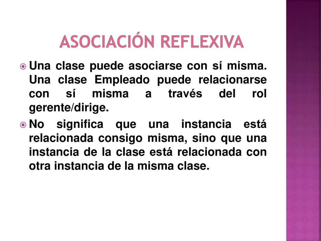 Asociación Reflexiva Una clase puede asociarse con sí misma. Una clase Empleado puede relacionarse con sí misma a través del rol gerente/dirige.