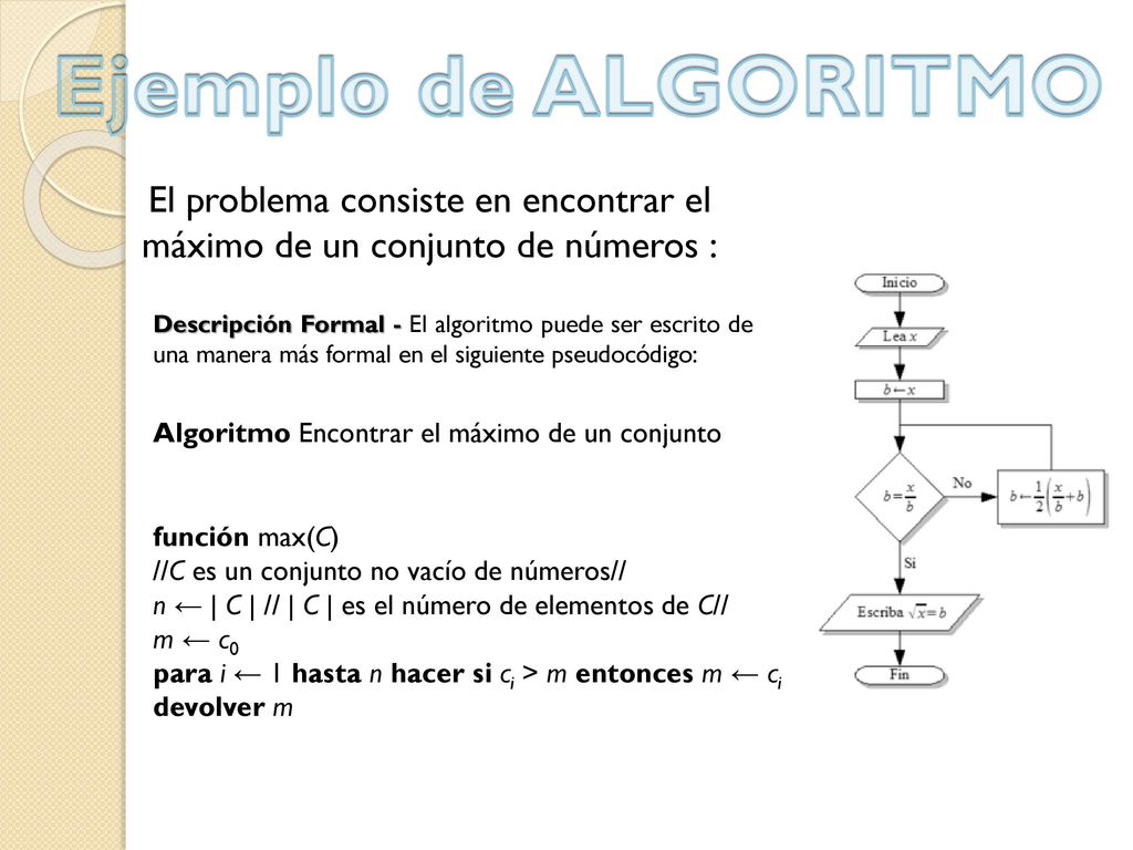 Ejemplo de ALGORITMO El problema consiste en encontrar el máximo de un conjunto de números :