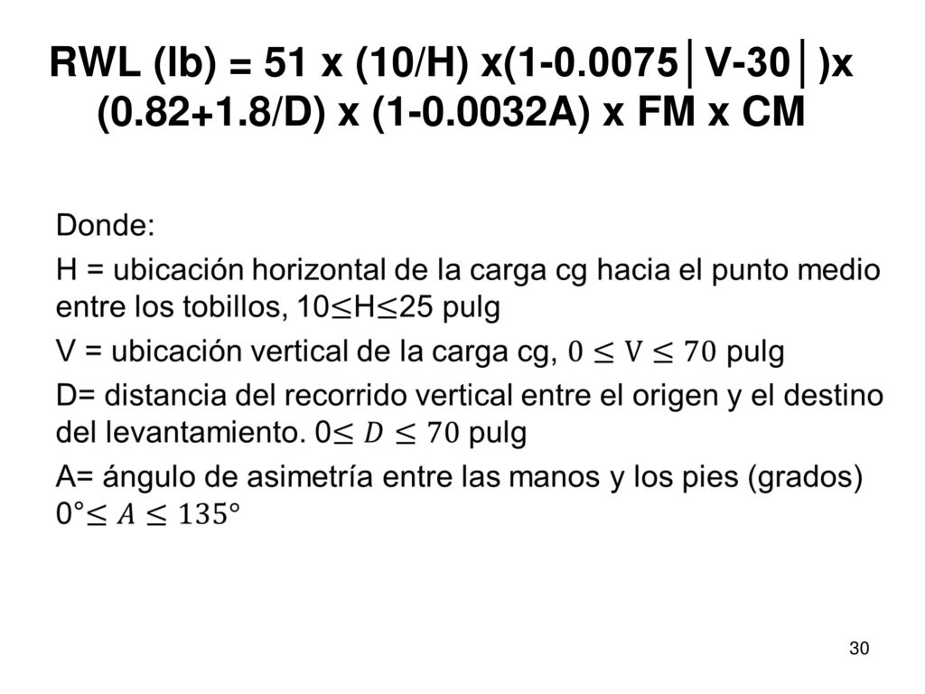 RWL (lb) = 51 x (10/H) x( │V-30│)x ( /D) x (1-0